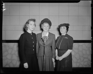 Three unidentified women at WAAB Colonial Network microphone