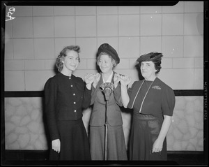 Three unidentified women at WAAB Colonial Network microphone