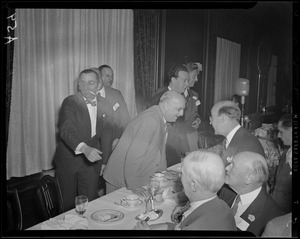 Paul DeMars, John Shepard III, and Linus Travers on dais at Advertising Club of Boston luncheon held to demonstrate FM transmission at Hotel Statler