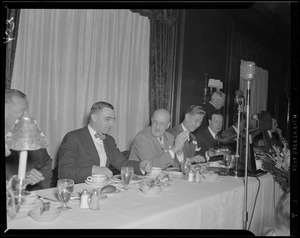 Paul DeMars, John Shepard III, John C. Nicodemus, and Linus Travers on dais at Advertising Club of Boston luncheon held to demonstrate FM transmission at Hotel Statler
