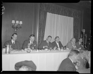 Three unidentified men, Paul DeMars, John Shepard III, and John C. Nicodemus on dais at Advertising Club of Boston luncheon held to demonstrate FM transmission at Hotel Statler