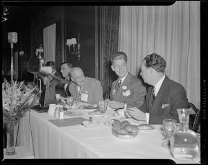 Paul DeMars, John Shepard III, John C. Nicodemus, and Linus Travers on dais at Advertising Club of Boston luncheon held to demonstrate FM transmission at Hotel Statler