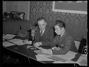 Vin Maloney with unidentified man at WAAB microphone