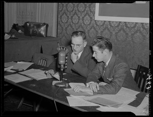 Vin Maloney with unidentified man at WAAB microphone