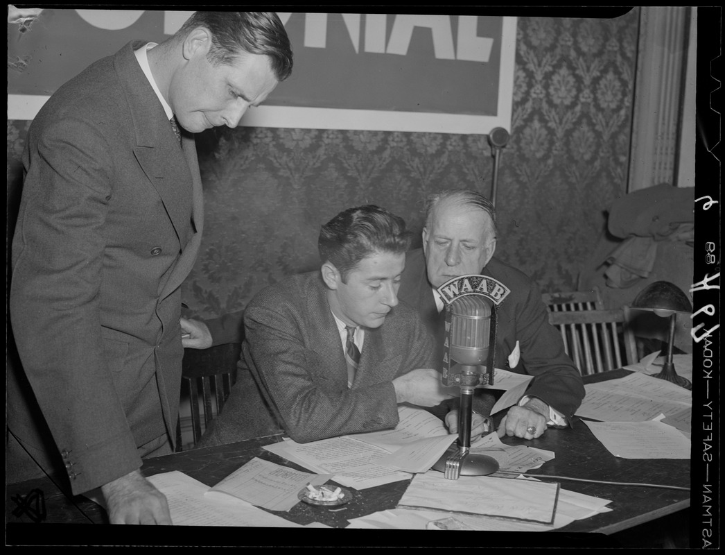 Mayor Tobin, Vin Maloney, and an unidentified man in WAAB studio