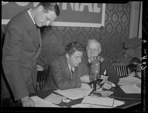 Mayor Tobin, Vin Maloney, and an unidentified man in WAAB studio