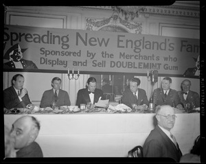 Jim Britt, Charlie O'Rourke, Mayor Maurice Tobin, Linus Travers, and two unidentified men on the dais at Spreading New England's Fame banquet