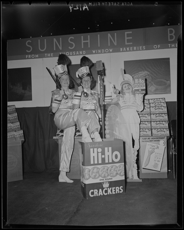 Drum majorettes with HiHo Crackers display Digital Commonwealth