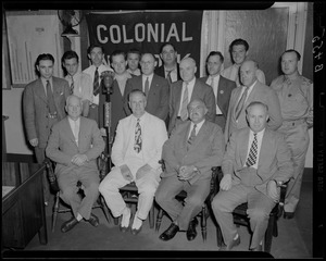 Group during WAAB broadcast at Fore River Shipyard, including general superintendent John T. Wiseman in white suit in front row