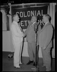Fore River Shipyard general superintendent John T. Wiseman, left, and two unidentified men during WAAB broadcast