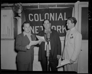 Three unidentified men at Fore River Shipyard during WAAB broadcast