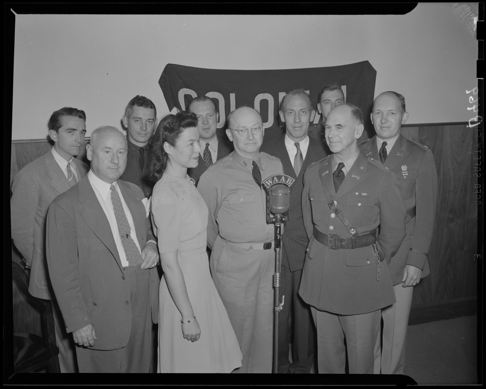 R. H. White army broadcast on WAAB, with Leo Egan, far left, and Ruth Moss