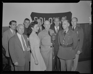 R. H. White army broadcast on WAAB, with Leo Egan, far left, and Ruth Moss