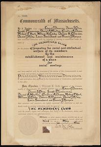 Certificate incorporating the Hendricks Club, Boston's famous democratic organization