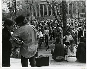 Meeting in quadrangle of university during strike against ROTC, Vietnam War and college expansion