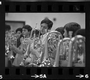 Drum-and-bugle practice in high school gym, Lynnfield