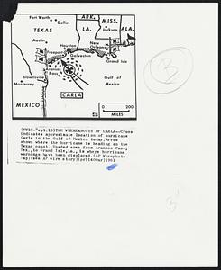 The Whereabouts of Carla--Cross indicates approximate location of hurricane Carla in the Gulf of Mexico today. Arrow shows where the hurricane is heading on the Texas coast. Shaded area from Aransas Pass, Tex., to Grand Isle, La., is where hurricane warnings have been displayed.