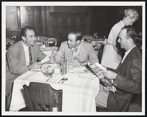 Veterans among the Pirate Rookies are Johnny Berardino, Joe Garagiola, and Howie Pollet, breakfasting at the Kenmore.