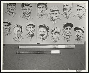 Two bats in front of backdrop of drawings of baseball players