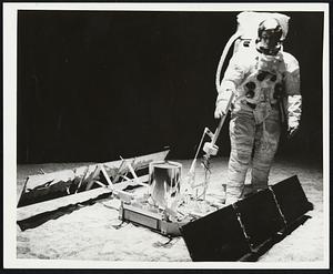 Moonquake Detector--The Passive Seismic Experiment package (PS[EP)?] is a self-contained 100-pound seismic station with its own transmitter, [powered?] by solar cells. It will detect very alight motions of the lunar crust and [interior?] to help clarify the origin and structure of the Moon. Developed for the National Aeronautics and Space Administration, it will be carried aboard Apollo 11 [illegible] the United State's first lunar landing.