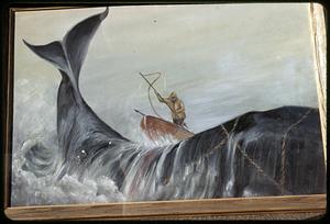 Painting of a man in a boat about to harpoon a whale