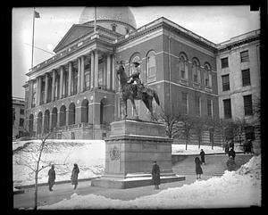 State House and Hooker Statue in snow