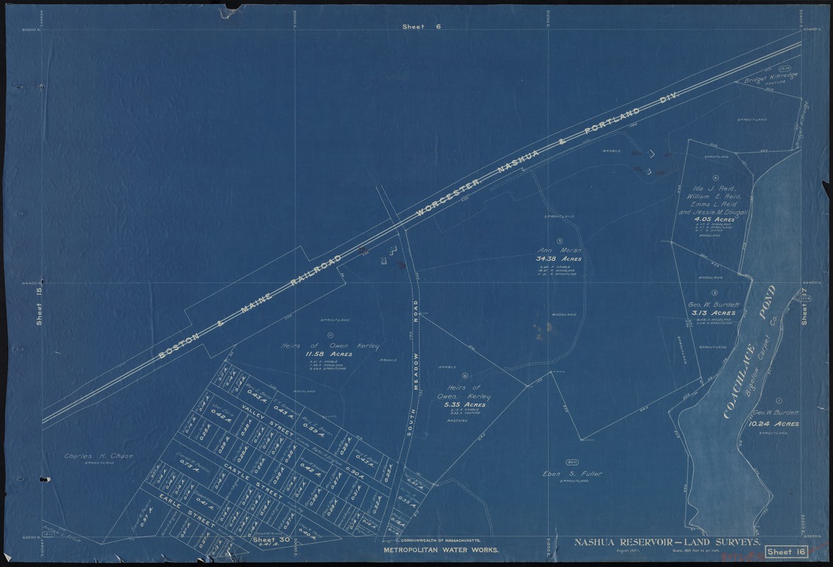 Metropolitan Water Works, Wachusett Reservoir, land surveys, sheet 16, index plan to photographs of real estate, Clinton, Mass., August 1897