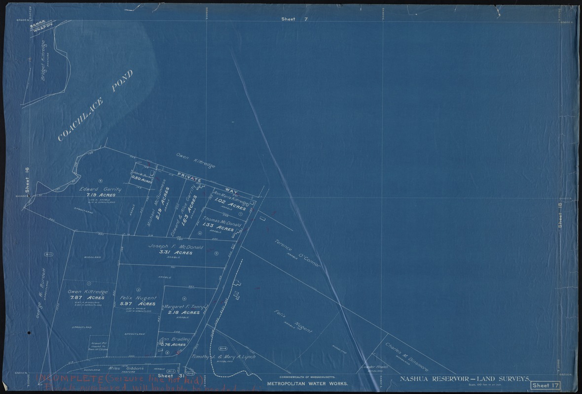 Metropolitan Water Works, Wachusett Reservoir, land surveys, sheet 17, index plan to photographs of real estate, Clinton, Mass., ca. 1896-1898