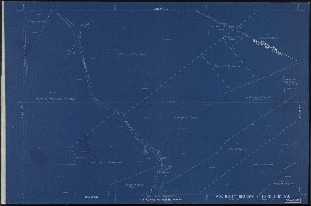 Metropolitan Water Works, Wachusett Reservoir, land surveys, sheet 46, index plan to photographs of real estate, West Boylston, Mass., March 1898