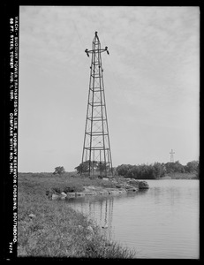 Wachusett Department, Wachusett-Sudbury power transmission line, Sudbury Reservoir crossing, 68-foot steel tower (compare with No. 7431), Southborough, Mass., Aug. 1, 1918