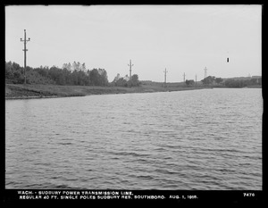 Wachusett Department, Wachusett-Sudbury power transmission line, regular 40-foot single poles, Sudbury Reservoir, Southborough, Mass., Aug. 1, 1918