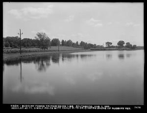 Wachusett Department, Wachusett-Sudbury power transmission line, regular 40-foot single poles with angle guys on curving shore of Sudbury Reservoir, Southborough, Mass., Aug. 1, 1918