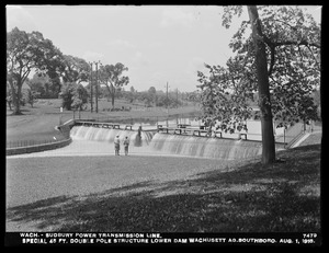 Wachusett Department, Wachusett-Sudbury power transmission line, special 45-foot double pole structure, Lower Dam, Wachusett Aqueduct, Southborough, Mass., Aug. 1, 1918