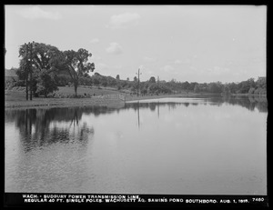 Wachusett Department, Wachusett-Sudbury power transmission line, regular 40-foot single poles, Wachusett Aqueduct, Sawin's Pond, Southborough, Mass., Aug. 1, 1918