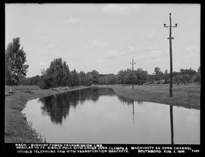 Wachusett Department, Wachusett-Sudbury power transmission line, regular 50-foot single pole with cross over clamps and double telephone arm with transposition brackets, Southborough, Mass., Aug. 1, 1918