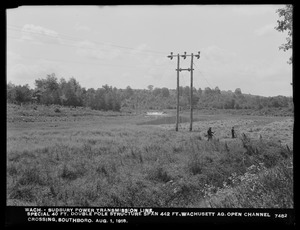 Wachusett Department, Wachusett-Sudbury power transmission line, special 40-foot double pole structure, span 442 feet, Wachusett Aqueduct, Open Channel crossing, Southborough, Mass., Aug. 1, 1918