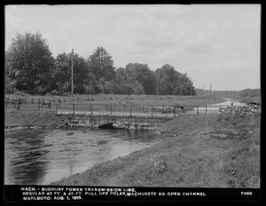 Wachusett Department, Wachusett-Sudbury power transmission line, regular 40-foot and 45-foot pull-off poles, Wachusett Aqueduct, Open Channel, Marlborough, Mass., Aug. 1, 1918