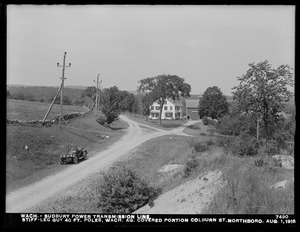 Wachusett Department, Wachusett-Sudbury power transmission line, stiff-leg guy, 40-foot poles, Wachusett Aqueduct, covered portion, Colburn Street, Northborough, Mass., Aug. 1, 1918