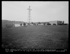 Wachusett Department, Wachusett-Sudbury power transmission line, 48-foot steel tower between 411-foot span over Boston & Maine Railroad and 984-foot span over valley at Wachusett Dam, Clinton, Mass., Aug. 1, 1918