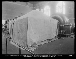 Wachusett Department, Wachusett Dam Hydroelectric Power Plant, break in hydraulic turbine No. 2, drying out generator No. 4, Clinton, Mass., Feb. 17, 1919