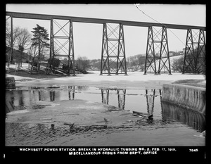 Wachusett Department, Wachusett Dam Hydroelectric Power Station, break in turbine No. 2, miscellaneous debris from department office, Clinton, Mass., Feb. 17, 1919