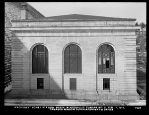 Wachusett Department, Wachusett Dam Hydroelectric Power Station, break in turbine No. 2, damaged window of Superintendent's office, Clinton, Mass., Feb. 17, 1919