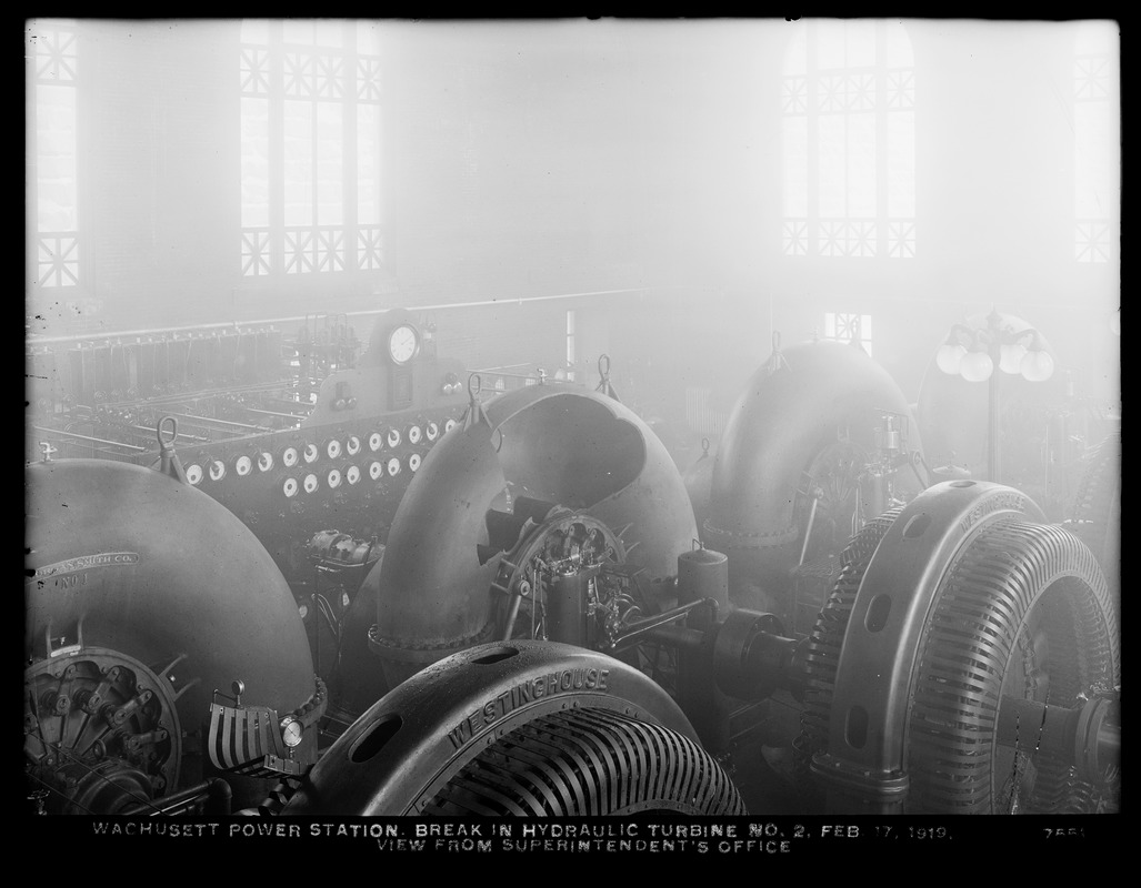 Wachusett Department, Wachusett Dam Hydroelectric Power Plant, break in turbine No. 2, view of break from Superintendent's office, Clinton, Mass., Feb. 17, 1919