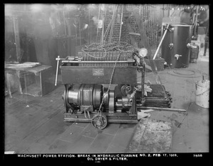 Wachusett Department, Wachusett Dam Hydroelectric Power Plant, break in turbine No. 2, oil dryer and filter, Clinton, Mass., Feb. 17, 1919