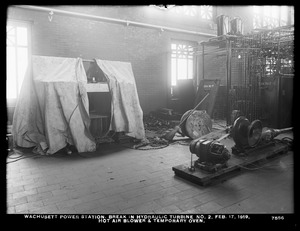 Wachusett Department, Wachusett Dam Hydroelectric Power Plant, break in turbine No. 2, hot air blower and temporary oven, Clinton, Mass., Feb. 17, 1919