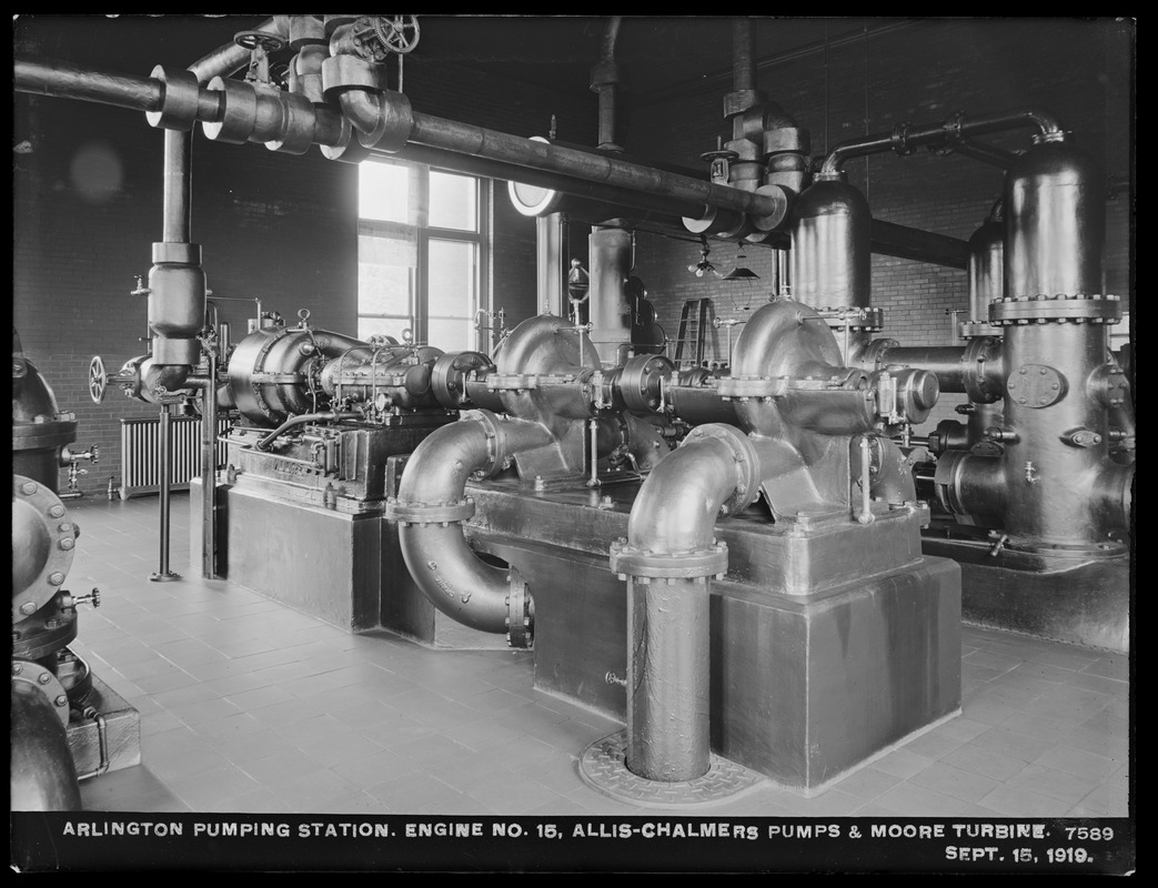 Distribution Department, Arlington Pumping Station, Engine No. 15, Allis-Chalmers pumps and Moore turbine, Arlington, Mass., Sep. 15, 1919
