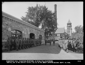 Distribution Department, Chestnut Hill Pumping Station, during Boston police strike, detail from Company D relieving Detail Company B, 14th Regiment, State Guard; in front of Garage, Brighton, Mass., Sep. 18, 1919