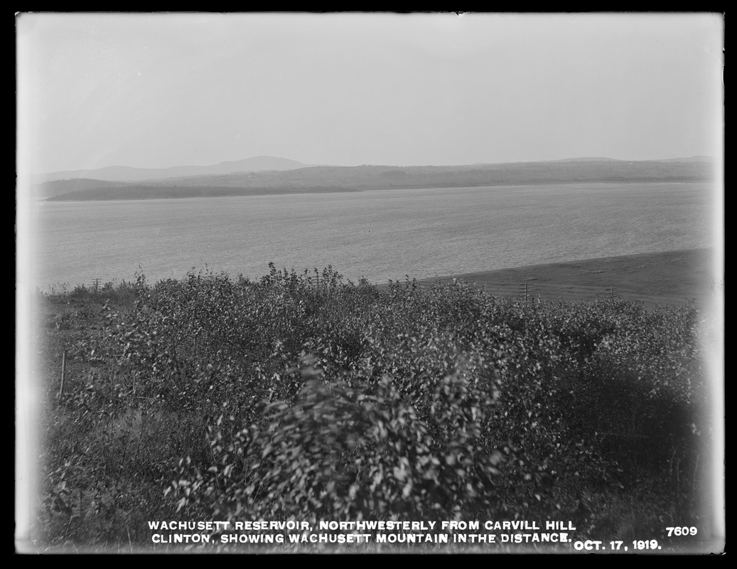 Wachusett Department, Wachusett Reservoir, northwesterly from Carville Hill, Wachusett Mountain in distance, Clinton, Mass., Oct. 17, 1919