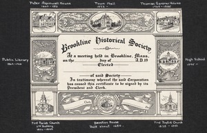 General views, miscellany, Brookline Historical Society member certificate