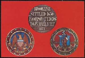 Stained glass windows designed for Town Hall in 1872: town seal, seal of the U.S., Mass. state seal
